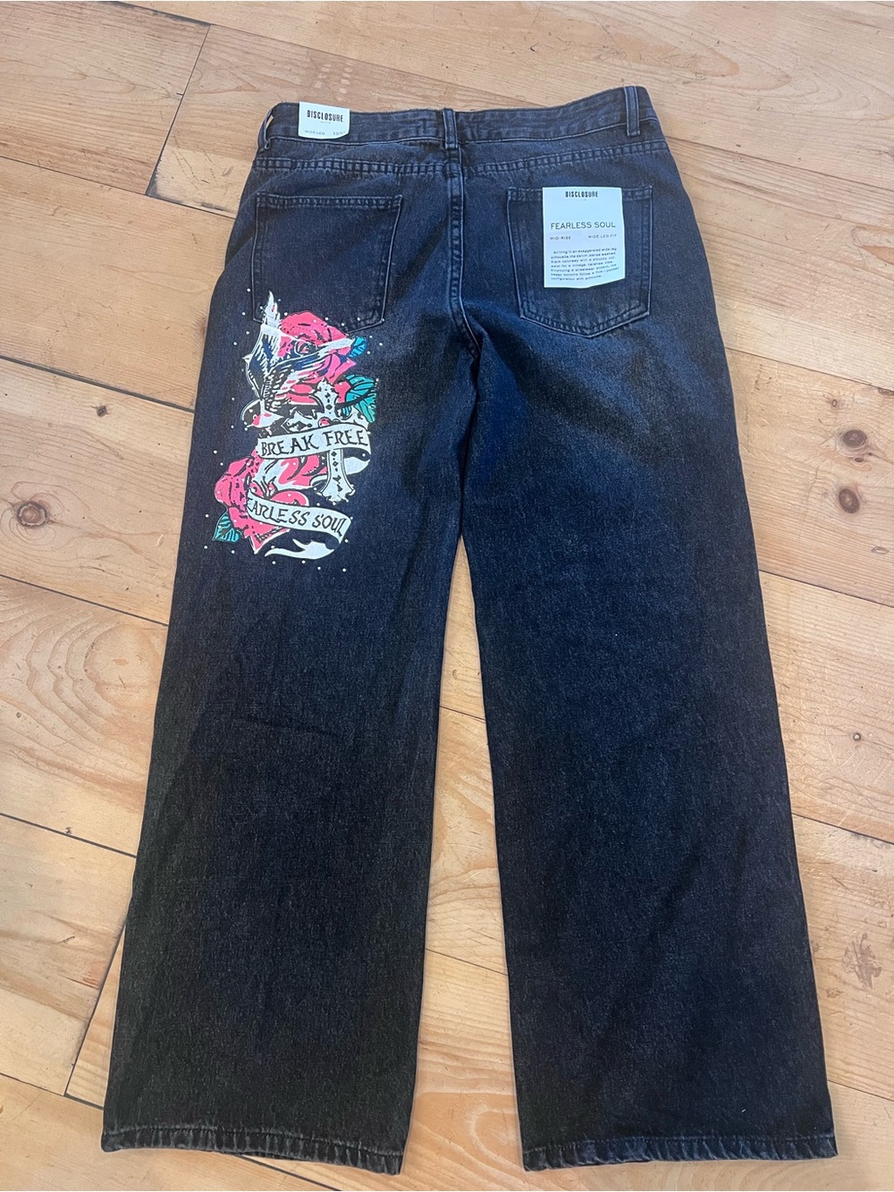 Disclosure Fearless Soul Black Wide-Leg Jeans with Pink/Teal Graphic Streetwear - Picture 1 of 12